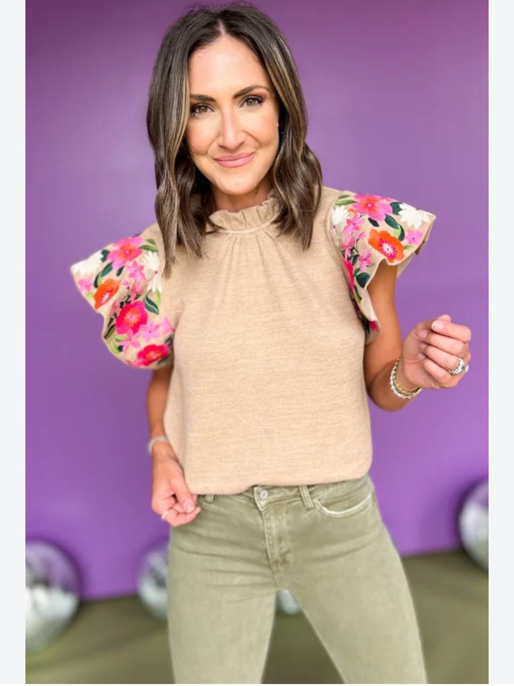 THML Beige Frill Neck Embroidered Flutter Sleeve Top